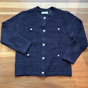 New navy sweater / cardigan. Soft texture w/pearlized buttons. Petite sz 2/4